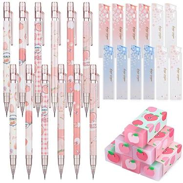 Imagem de Lapiseira Kawaii Juice Peach com 12 peças com 6 borrachas fofas e 12 refis de lápis HB, frutas, conjunto para escrita de estudantes, desenho, esboço, arquitetura (0,5 mm)