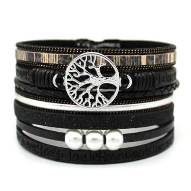 Imagem de P Ammy Fashion® Pulseiras femininas inspiradoras de couro da árvore da vida, boêmio, com fecho magnético, Medium, Couro sintético, Quartzo criado