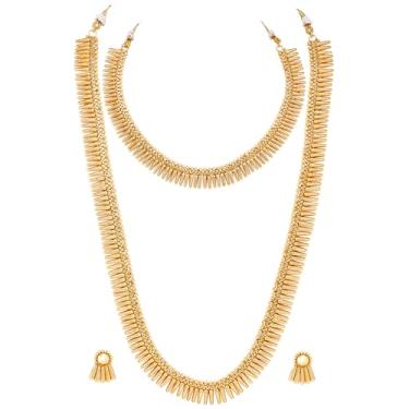 Imagem de Aheli Conjunto de colar longo e brincos tradicionais banhados a ouro Maharani Haar Conjunto de joias étnicas presente para mulheres, Onesize, Metal, Sem Pedra Preciosa