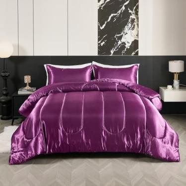 Imagem de Conjunto de edredom Queen de cetim, com estampa de seda, estilo de cetim, hotel de luxo, cama sedosa, decoração de casa, conjunto de cama roxo, 3 peças