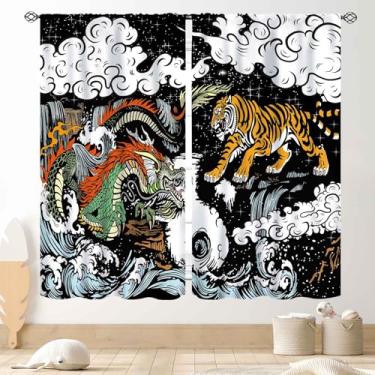 Imagem de Cortinas japonesas, estilo asiático tradicional luta de tigre dragão chinês anime mitologia estética preta cortinas tratamentos para quarto, sala de estar, banheiro, 106,7 x 114,3 cm