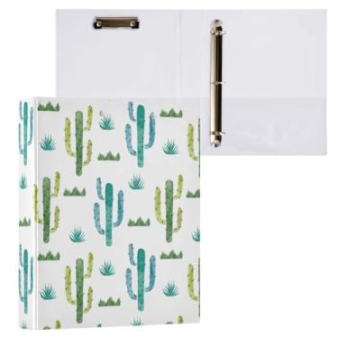 Imagem de Fichário em aquarela azul-verde e cacto do deserto e grama 3 argolas decorativas de 3,8 cm com prancheta e 3 bolsos transparentes, comporta 200 folhas de papel tamanho A4 fichários à prova d'água para