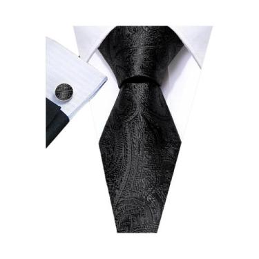 Imagem de Conjunto de Gravata e Abutões Masculinos - Seda Jacquard Preto, Branco