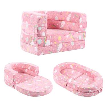 Imagem de Tiita Sofá-cama infantil 3 em 1, camas de viagem para crianças conversíveis, sofá infantil dobrável com capa lavável, alça de transporte, arco-íris rosa - 1, estilo moderno, 40 x 101 x 120 cm