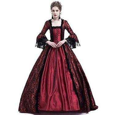 Imagem de Vestido Medieval Queen Vitorian Gótico Renda Manga Sino Vestido de Baile Renascentista Real Fantasia de Vampiro Fantasia Fantasia de Vampiro (vinho, G)