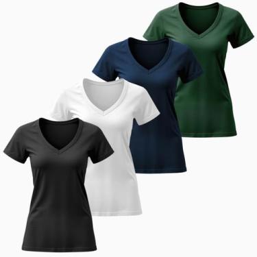 Imagem de Kit 4 Blusas Femininas Camiseta Basica Algodão Gola V Manga Curta Fafe