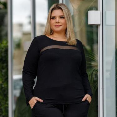 Imagem de Blusa Manga Longa Com Tule No Busto Plus Size - Rosana Farcait, Preto,