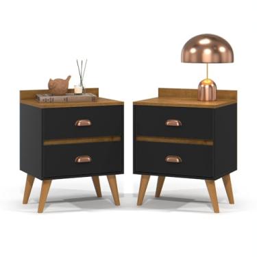 Imagem de Kit 2 Mesa de Cabeceira Quarto Mesinha Apoio Lateral Cama Box Casal Estilo Decoração Retrô Madero 2 Gavetas Preto/Freijó