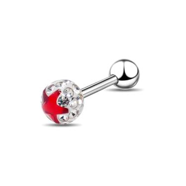 Imagem de OFDNE Piercing de língua em forma de estrela, joia de lingueta de barra de aço, com zircão branco personalizado incrustado, estrela vermelha, piercing de língua, joia de perfuração humana para