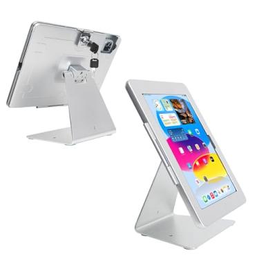 Imagem de DDSHOW Suporte de quiosque de segurança antifurto de mesa para iPad 2022 10 polegadas 10ª geração, com trava e chave, flip e design horizontal ou vertical de rotação de 360° (prata)