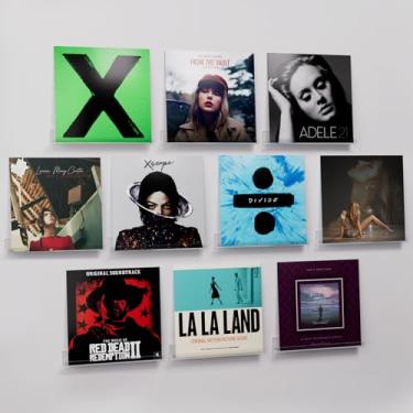 Imagem de Pacote com 10 discos de vinil, suporte de prateleira de vinil autoadesivo de 30 cm para exibição de álbum, prateleiras flutuantes de acrílico transparente para sala de estar, banheiro, quarto