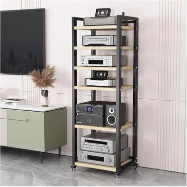 Imagem de Prateleira de áudio e vídeo armário de mídia com prateleira ajustável de altura e rodízios, rack de componentes estéreo para sala de estar para entretenimento no chão para espaço pequeno, preto nº 1,