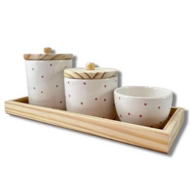 Imagem de kit higiene porcelana poa colorido - DecorLi, Branco poa rosa