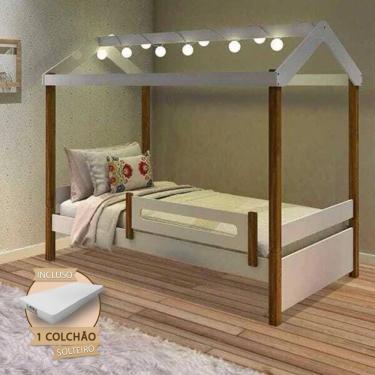 Imagem de Cama Montessoriana Solteiro Casinha Eliz com Led Grade de Proteção e Colchão Branca/Caramelo