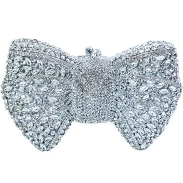 Imagem de Bolsa clutch com laço de strass embutida feita à mão para mulheres, bolsa brilhante para festa noturna de casamento com alça de corrente de pérola destacável, Prata