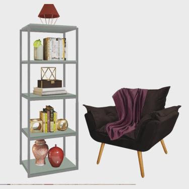Imagem de Kit Poltrona Fatte com Manta Soft Bordô e Estante Livreiro Ferro Cinza mdf Verde Oliva Suede Marrom - Ahazzo Móveis