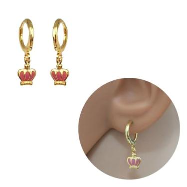 Imagem de Brinco Argolinha Coroa da Rainha Rosa Bebê Folheado Ouro18k Antialérgico
