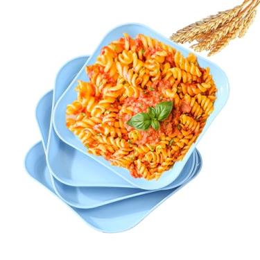 Imagem de Conjunto de pratos quadrados de palha de trigo de 14 cm, prato de jantar profundo inquebrável, leve, uso reutilizável para casa e cozinha (azul claro, 4)