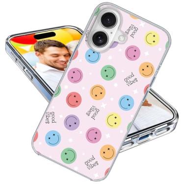 Imagem de ARTIOSIT Capa para iPhone 16 para meninas e homens, à prova de choque, fina, fina, macia, TPU transparente, capa protetora para iPhone 16 6.1, desenho animado fofo sorriso feliz rosto boas vibrações