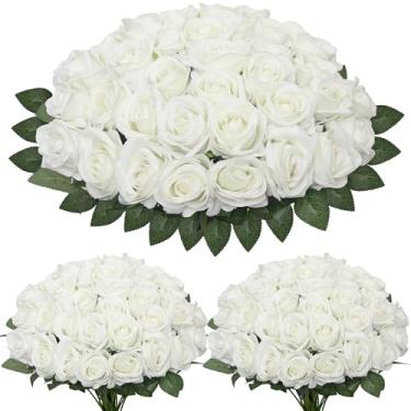 Imagem de Flores artificiais de rosas, rosas de seda realistas, flores falsas a granel, buquê de rosas artificiais com hastes longas para decoração de festa de casamento em casa DIY (branco, 72 peças)
