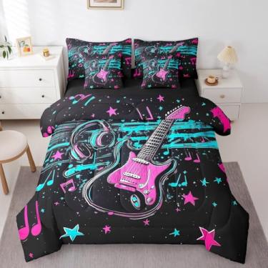 Imagem de Conjunto de cama solteiro com 7 peças, para meninos e meninas, com notas musicais neon (edredom + lençol de cima + 2 fronhas + 2 fronhas + 2 fronhas de travesseiro)