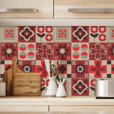Imagem de Adesivo de Azulejo Hidráulico em Tons de Bege e Vermelho 250 - Inove P