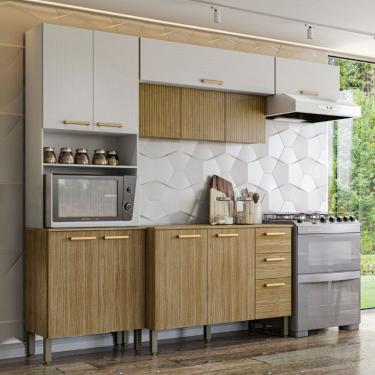 Imagem de Armário de Cozinha com Balcão England 12 Portas 2 Gavetas Ripado 3d Freijó/Supremo - Pnr Móveis