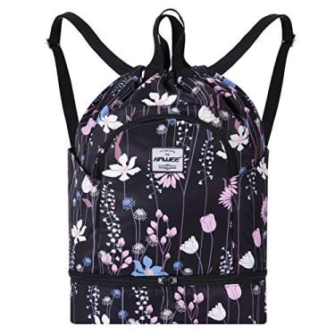 Imagem de HAWEE Mochila feminina com cordão seco e molhado com compartimento para sapatos, bolsa de ginástica ajustável, Flor sonhadora, One Size, Mochilas Daypack