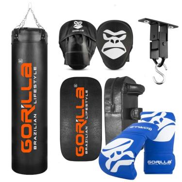 Imagem de Kit Saco De Pancada PRO 180 + Luva PRO + Manopla De Foco + Aparador + Suporte Articulado Gorilla (Azul)
