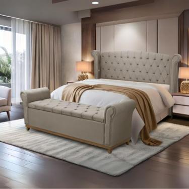 Imagem de Kit Cabeceira e Baú Grécia, Veludo Bege, Estilo Capitonê, 178x140cm, com Revestimento em Veludo e Espuma PRO 30 (Capuccino)
