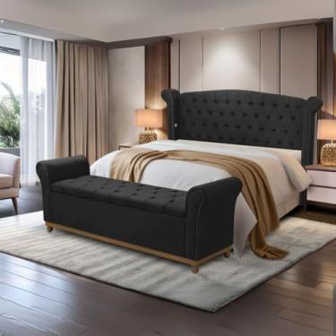 Imagem de Kit Cabeceira e Baú Grécia, Veludo Bege, Estilo Capitonê, 178x140cm, com Revestimento em Veludo e Espuma PRO 30 (Preto)