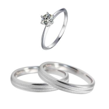 Imagem de Par Alianças Compromisso Namorados Prata 4mm + Anel Solitario 2mm Prat