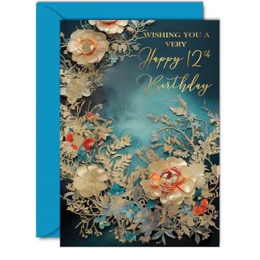 Imagem de Lindos cartões dourados de aniversário de 12 anos para meninas e meninos - Flores douradas maravilhosas - Cartão de aniversário elegante tradicional bonito para meninas de 12 anos para ela, A5 lindos