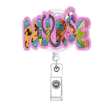 Imagem de Acessórios de carretel de crachá de enfermeira rosa, porta-crachá de acrílico engraçado de estudante de enfermagem retrátil com clipe jacaré, clipe de crachá fofo para cartão de identificação