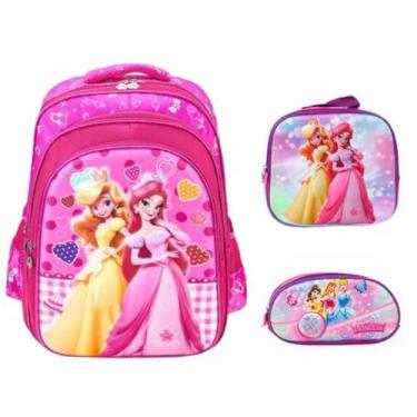Imagem de Lancheira Mochila E Estojo Infantil Feminino Rosa Estampa - Atena