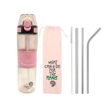 Imagem de Kit Garrafa Tritan + 5 em 1 Prata (shake 8mm) - Canudo, Rosa