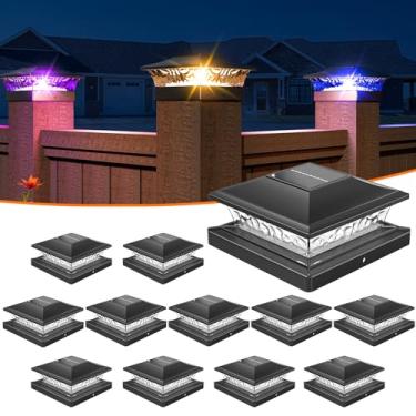 Imagem de APONUO Luzes de poste solares 4x4 com 8 cores sólidas RGB e fluxo multicolorido - pacote com 12 tampas de poste 6 x 6 luz solar, IP65 à prova d'água - Serve para postes de madeira e vinil de 10 x 12 x
