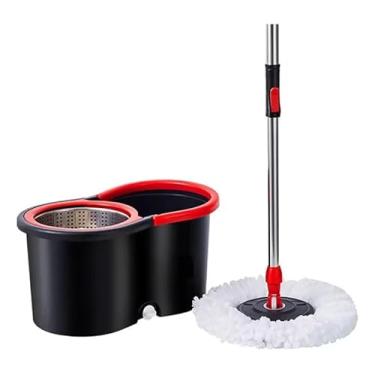 Imagem de Mop Giratório 360° com Balde Centrifugador Preto-Vermelho de 8L e Cesto Inox – Cabo Telescópico