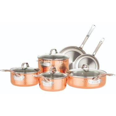 Imagem de Viking Culinary Conjunto de panelas revestidas de cobre martelado de aço inoxidável de 3 camadas, 10 peças, seguro para forno, funciona em cooktops eletrônicos, de cerâmica e a gás