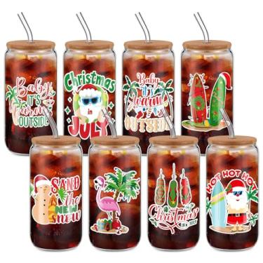 Imagem de Sliner 8 peças de copos de vidro de 510 g Caneca de presente com tampa e copo de canudo Copos de café, jarra, vidro, decoração de casa, presente para mulheres e homens (Natal em julho)