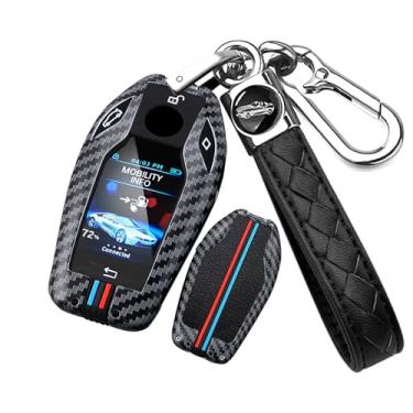 Imagem de HIBEYO Capa de chaveiro de carro adequada para BMW 5 6 7 Series G01 G11 G12 G30 G31 X3 X4 X5 730li 740li 750li Display LCD Metal & Silicone Key Shell Case Key Fob Protector-B Keychain (linhas