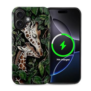 Imagem de Capa para iPhone 16 Plus [compatível com MagSafe], silicone macio fosco + capa protetora 2 em 1 de policarbonato rígido antiarranhões à prova de choque para mulheres e homens - folhas de girafa