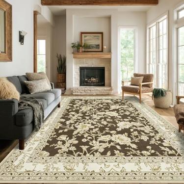 Imagem de Tapetes de área com estampa floral marrom para quarto, sala de estar, boho, casa de fazenda, rústico, sala de jantar, tapetes macios laváveis e antiderrapantes para berçário, sala de jogos, 15 x 23 cm