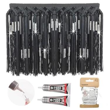 Imagem de Yhsheen Acabamento de franja preta com pérolas elegantes, acabamento de franja de 2 jardas x 24 cm por jarda com cola B7000, borlas para artesanato para costura de cortina de roupas