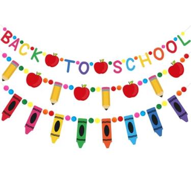 Imagem de Doumeny 3 peças de lápis de feltro de volta às aulas guirlanda de maçã guirlanda de giz de cera de feltro para pendurar bandeira colorida bola de pompom para o primeiro dia de aula, manto de sala de