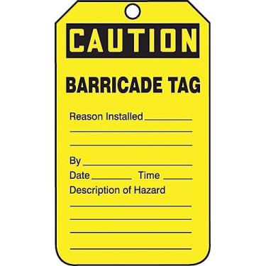 Imagem de Accuform Placa de identificação TAB105PTP com status de barricada, Legend "CUIDADO BARRICADE - MOTIVO INSTALADO_____PY_____DATA_____TEMPO _____DESCRIÇÃO DE PERIGO_____", 14,6 cm Comprimento x 8,2 cm Largura x 0 cm Espessura, RP-Plástico, preto sobre amarelo (pacote com 25)