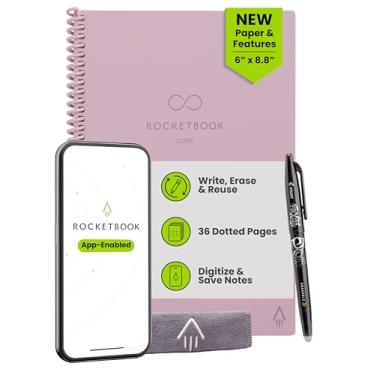 Imagem de Rocketbook Caderno espiral reutilizável New Core, tamanho executivo, 15 x 21 cm, rosa - páginas pontilhadas, conectadas ao aplicativo, apagável, capa durável, ideal para escola, trabalho e projetos