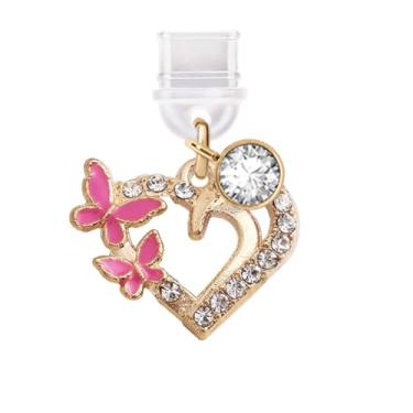 Imagem de ELISE & FONDA TP753 Porta de carregamento tipo C plugue antipoeira Little Love Heart com pingente de celular borboleta para iPhone 15/16/Samsung/OnePlus/Xiaomi/oppo telefones Android (rosa choque)