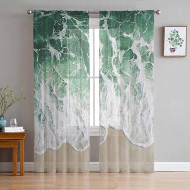 Imagem de Cortinas transparentes oceânicas 213 cm de comprimento, ondas abstratas, painéis de tratamento de janela verde, haste de filtragem de luz, cortinas de voile para quarto/sala de estar, cada 132 cm L x