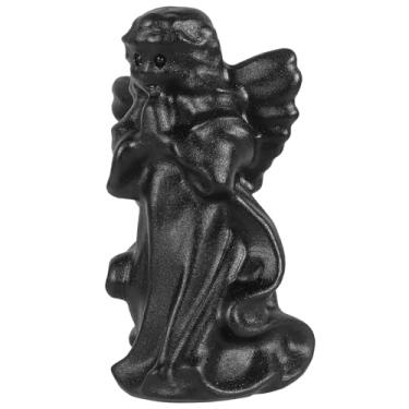 Imagem de Nupuyai Estátua de anjo de oração esculpida à mão para decoração de casa, estatueta de cristal obsidiana preta natural para decoração de escultura em pedra para Fengshui